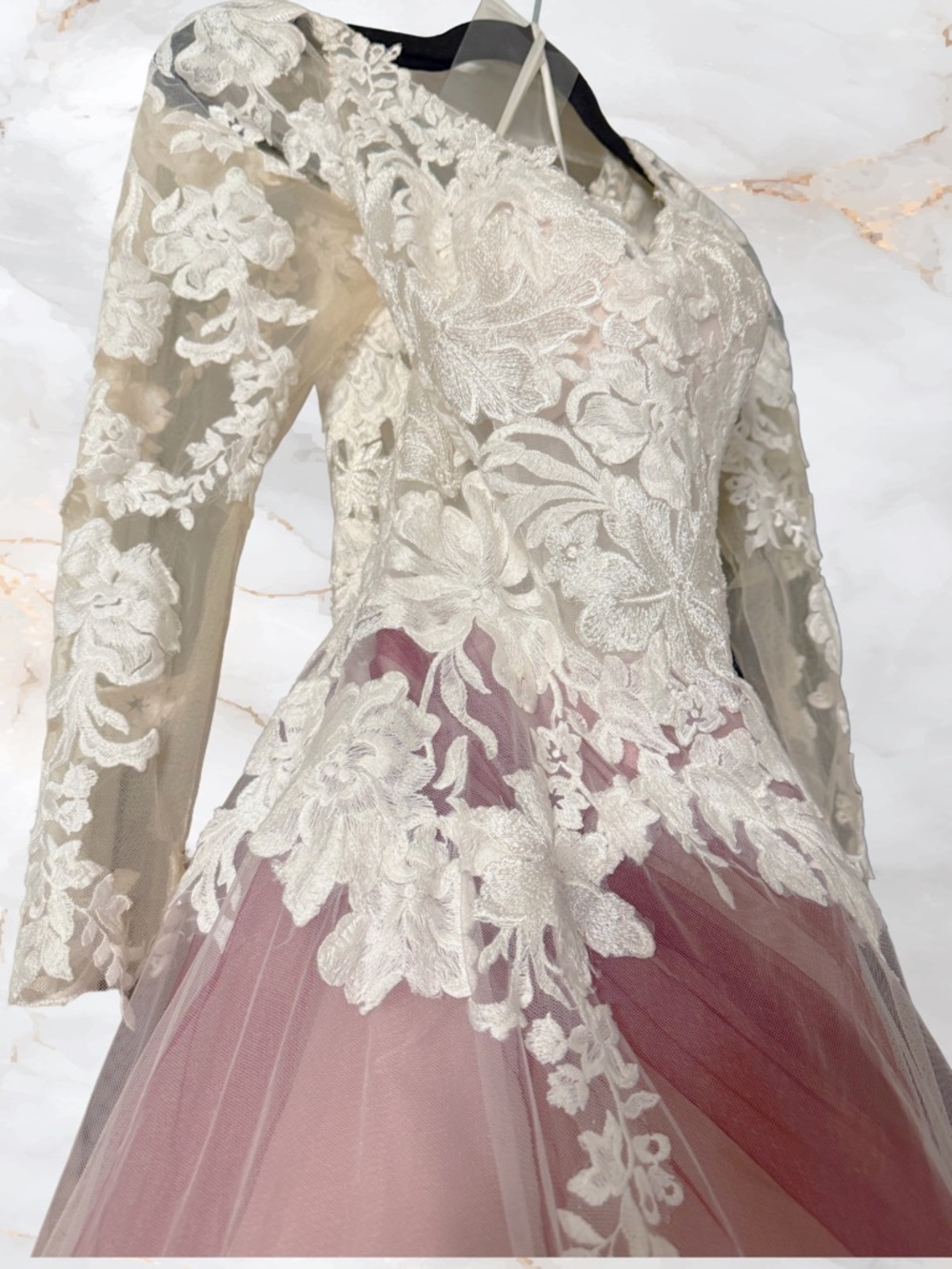 Justin Alexander Lace Pattern Long Dress With Pink/Bugundy Underlay & Ivory(TRR) - Picture 14 of 15